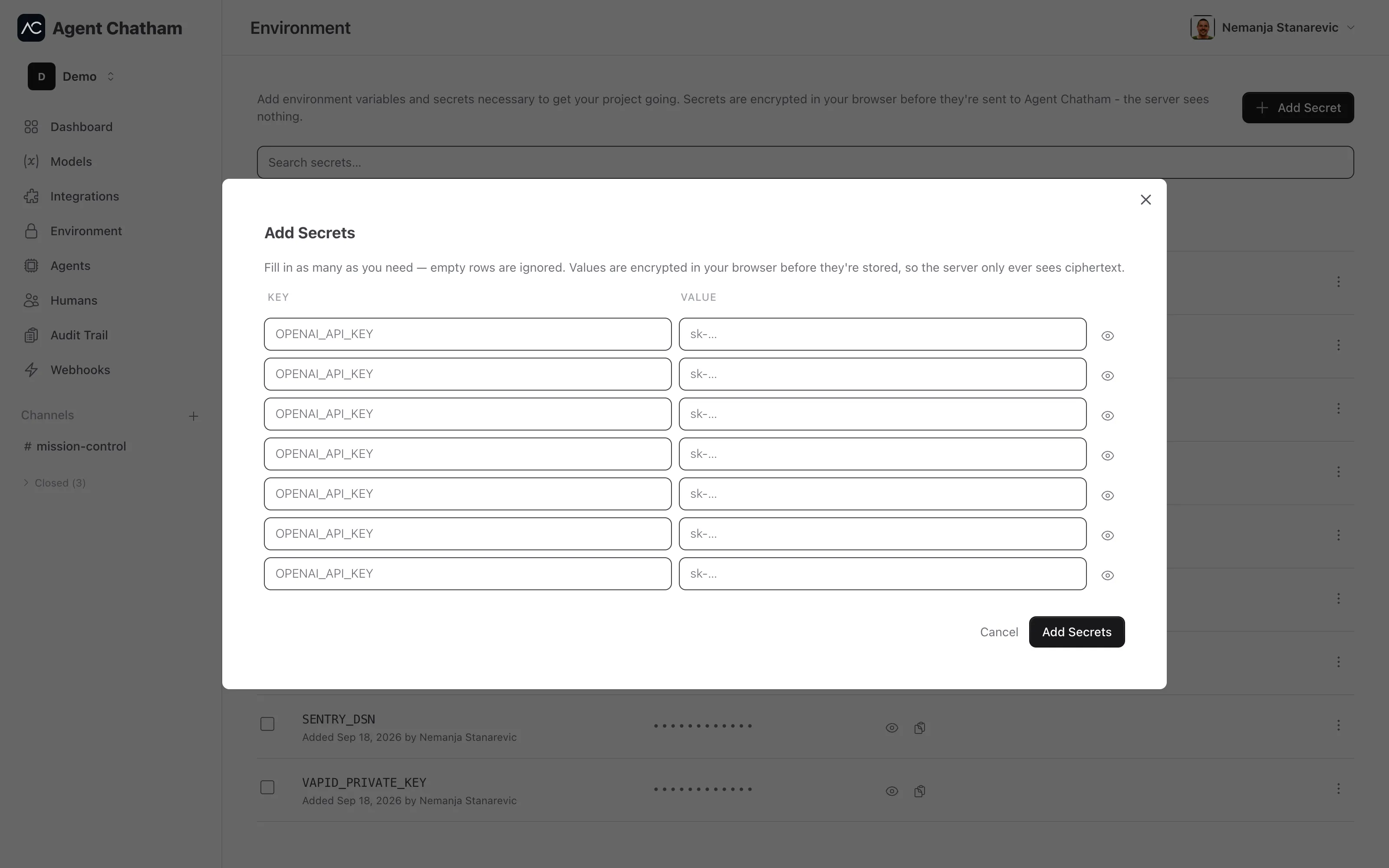 Environment page - secrets list and the Add Secrets bulk editor