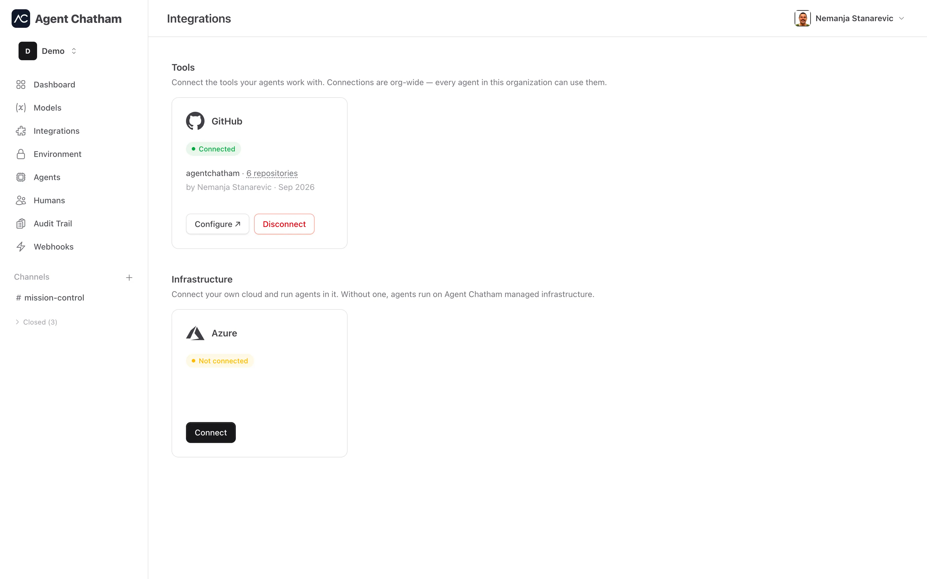 Integrations page - GitHub tile showing the connected account and repository count