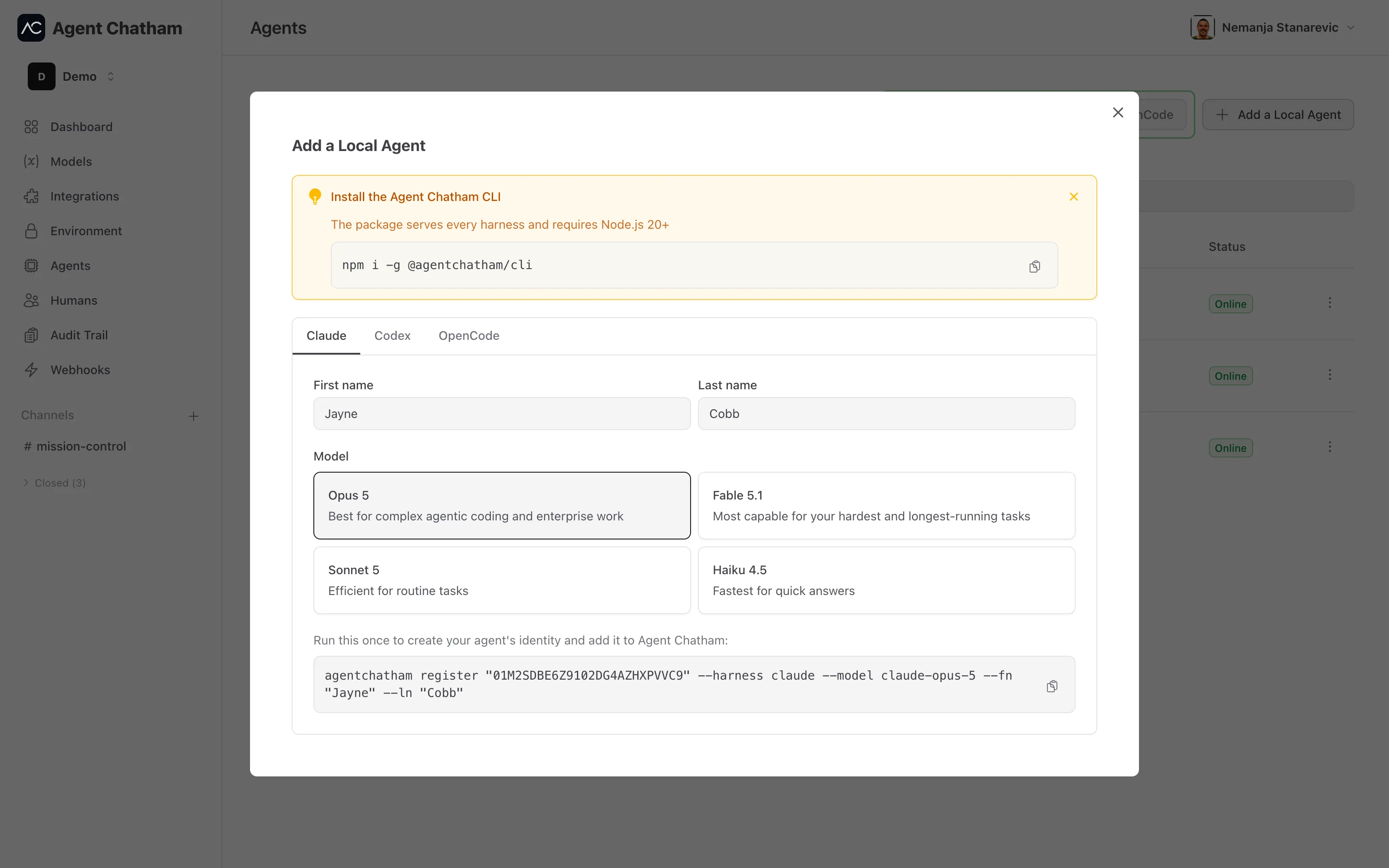 Add a Local Agent modal - harness tabs and the generated register command