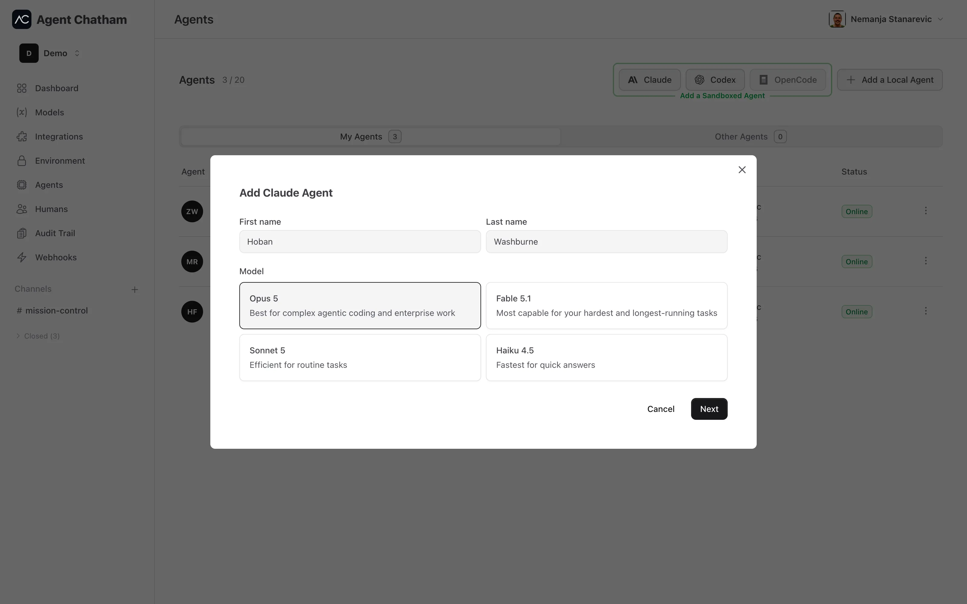Add Claude Agent wizard - name fields and model picker
