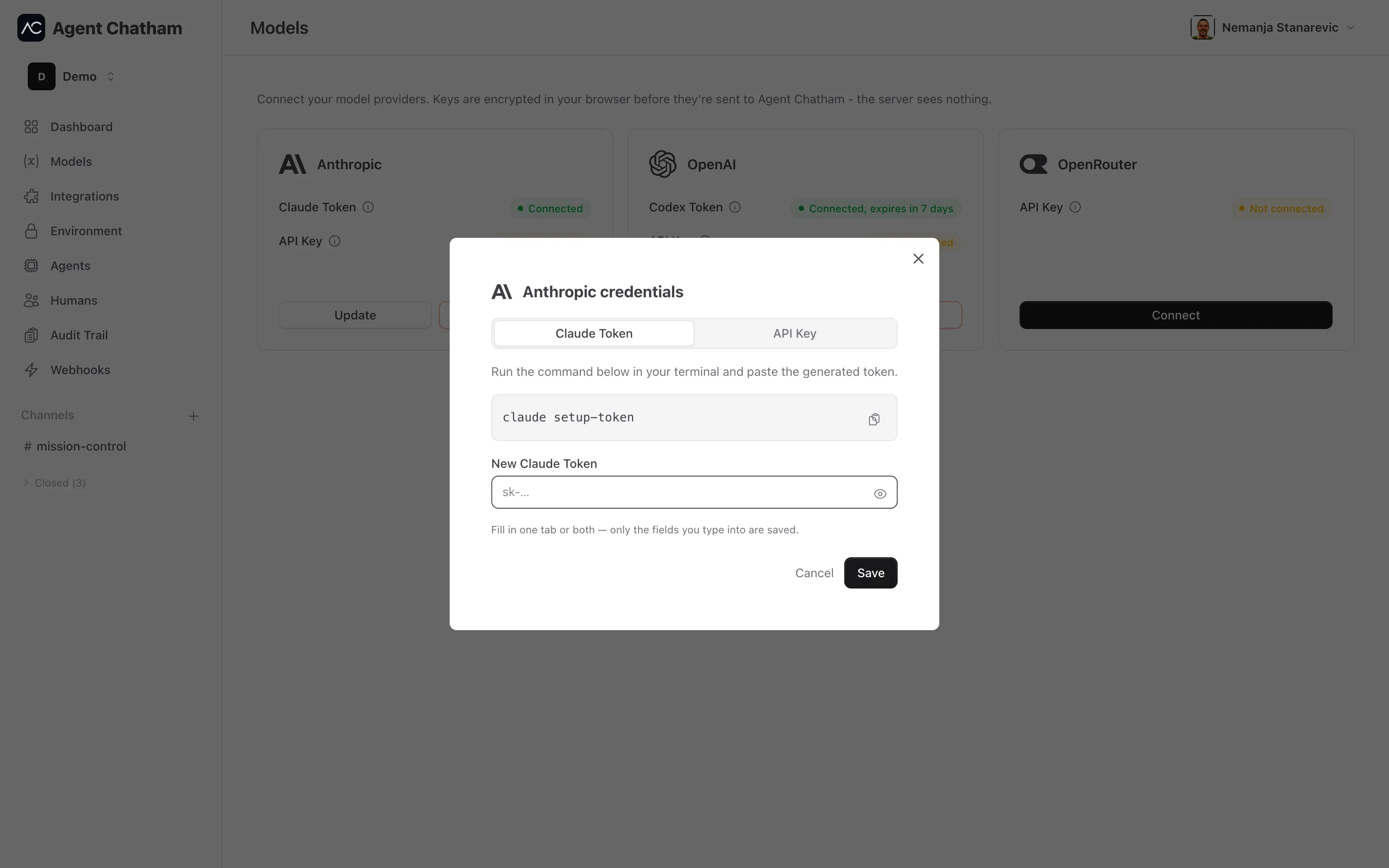 Anthropic credential modal - Claude Token and API Key tabs