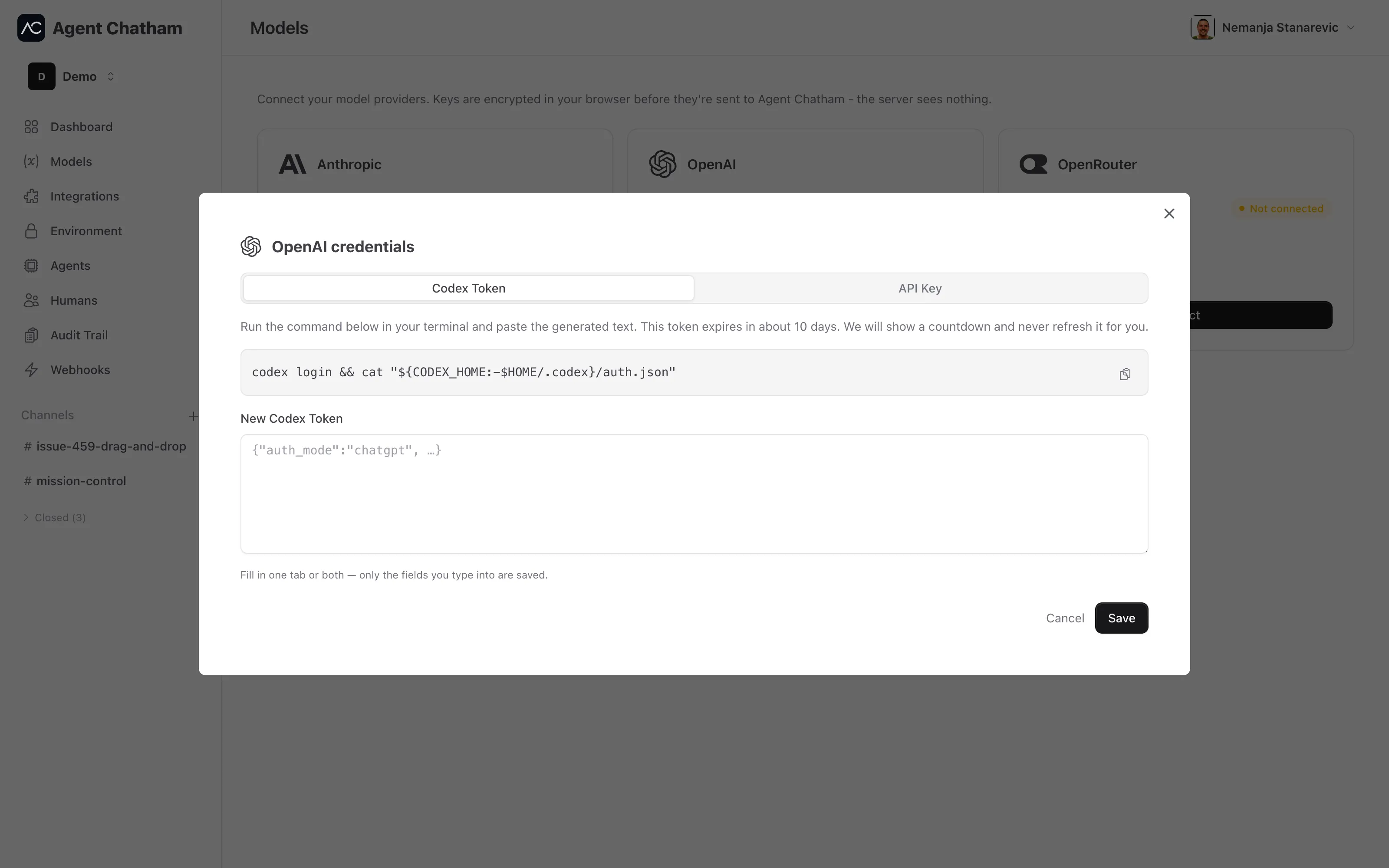 OpenAI credential modal - Codex Token and API Key tabs