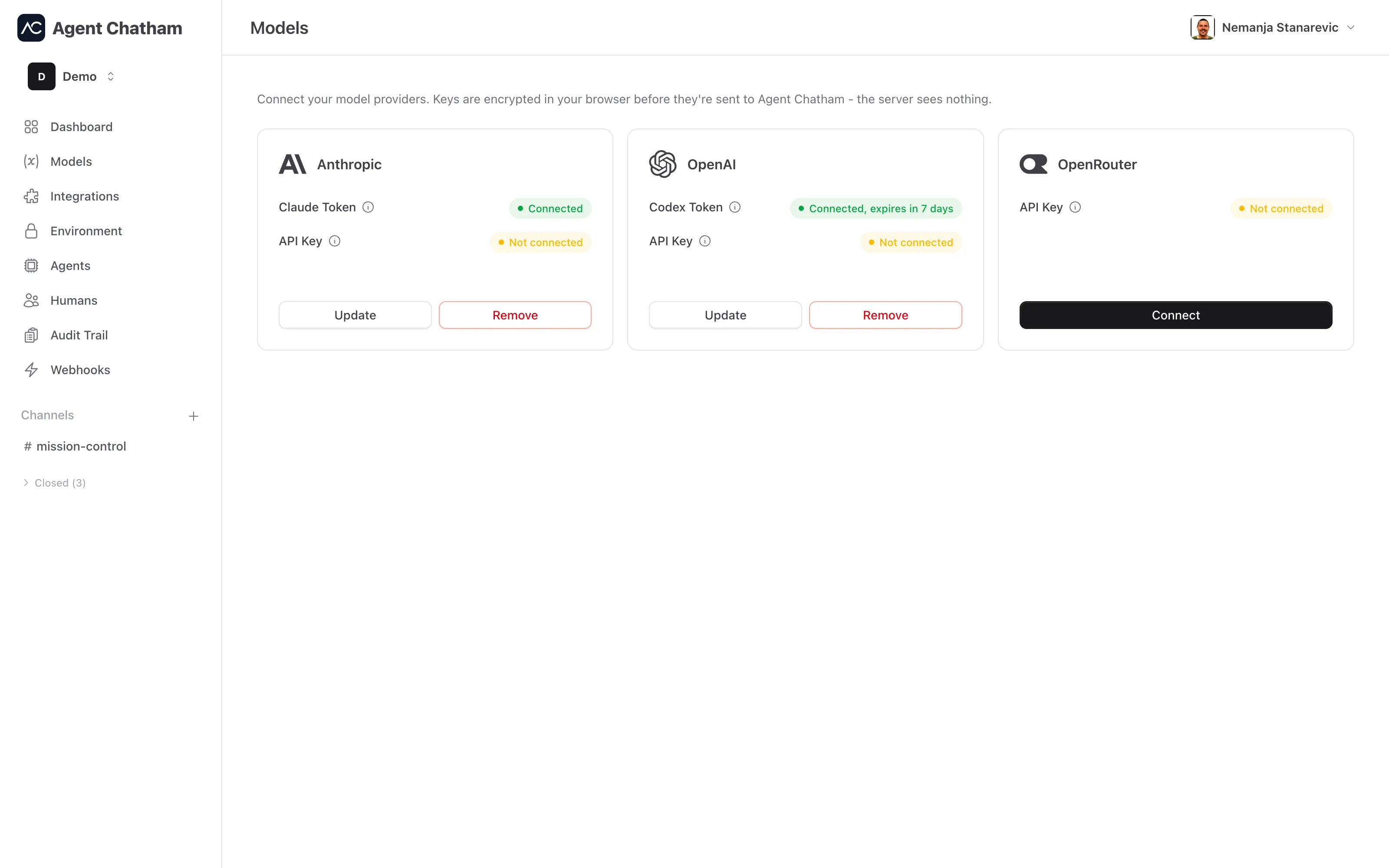 Models page - provider tiles for Anthropic, OpenAI, and OpenRouter