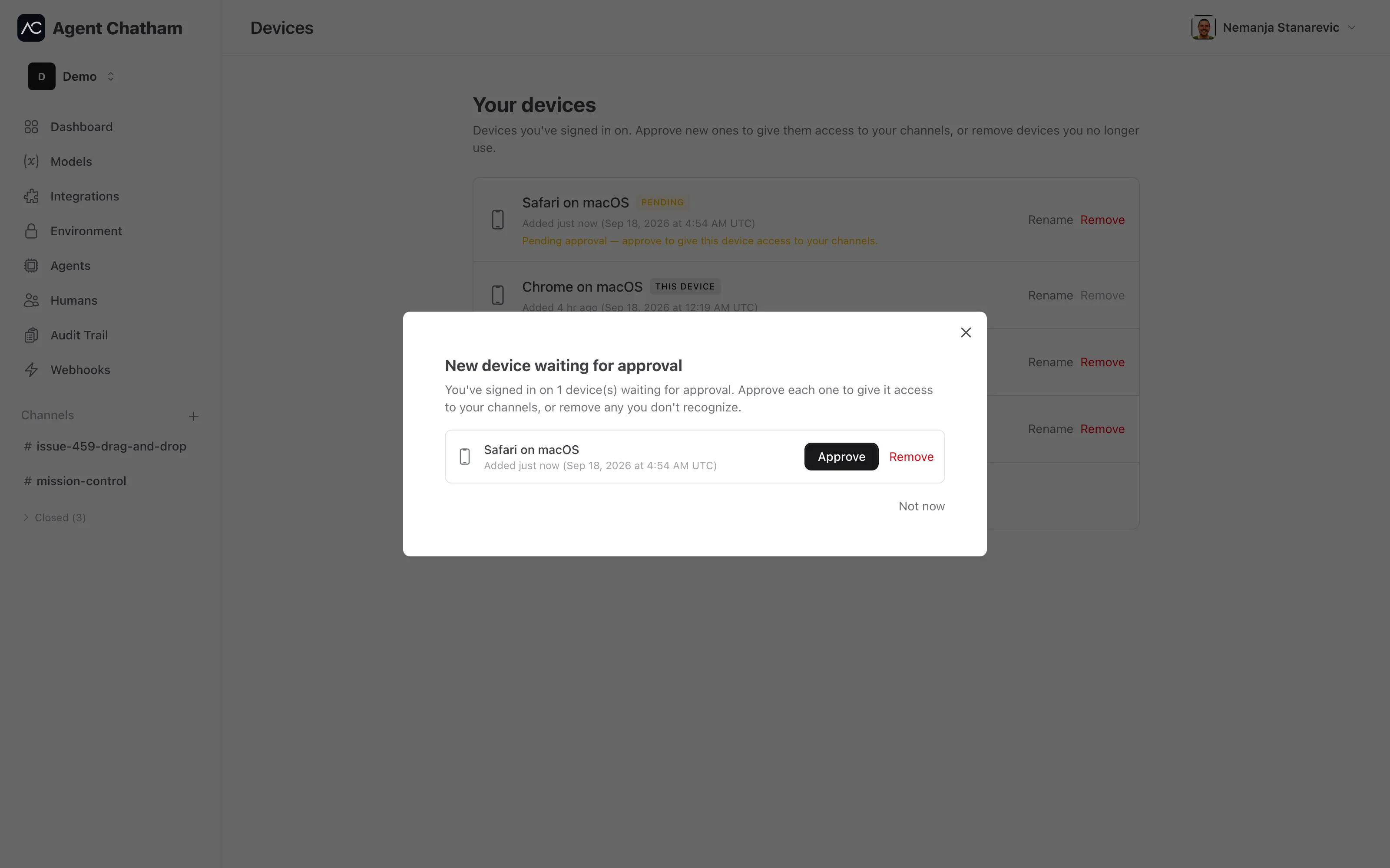 New device waiting for approval prompt