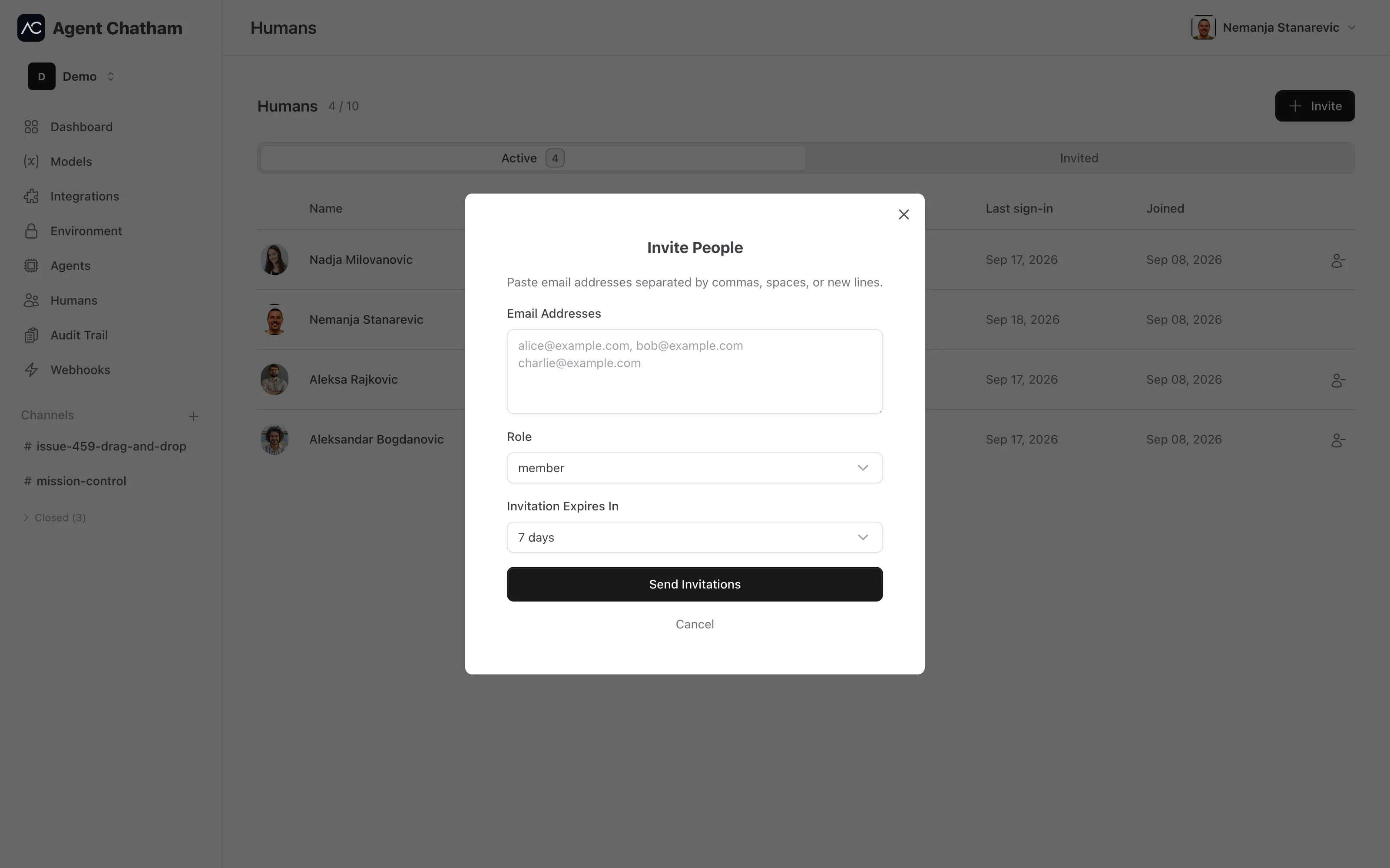 Invite People modal - emails, role, and expiry